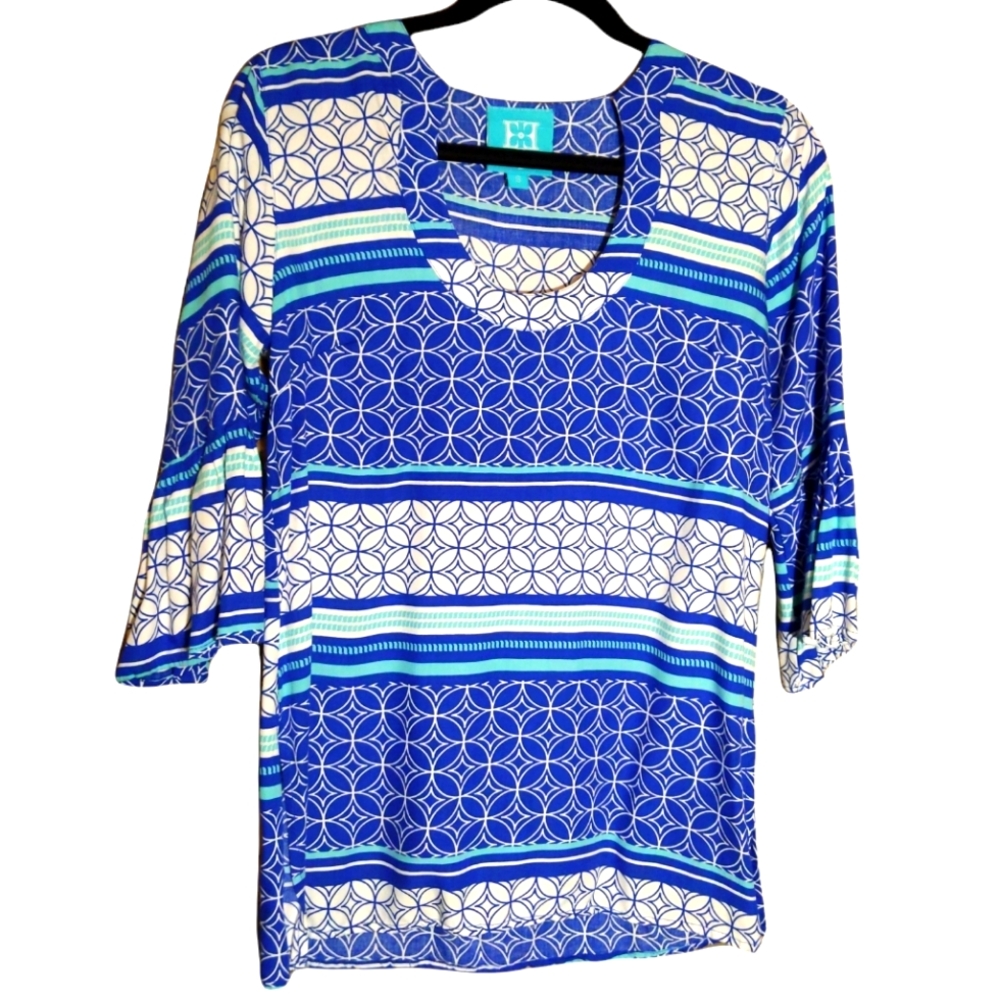 Escapada blue and white bell sleeve blouse